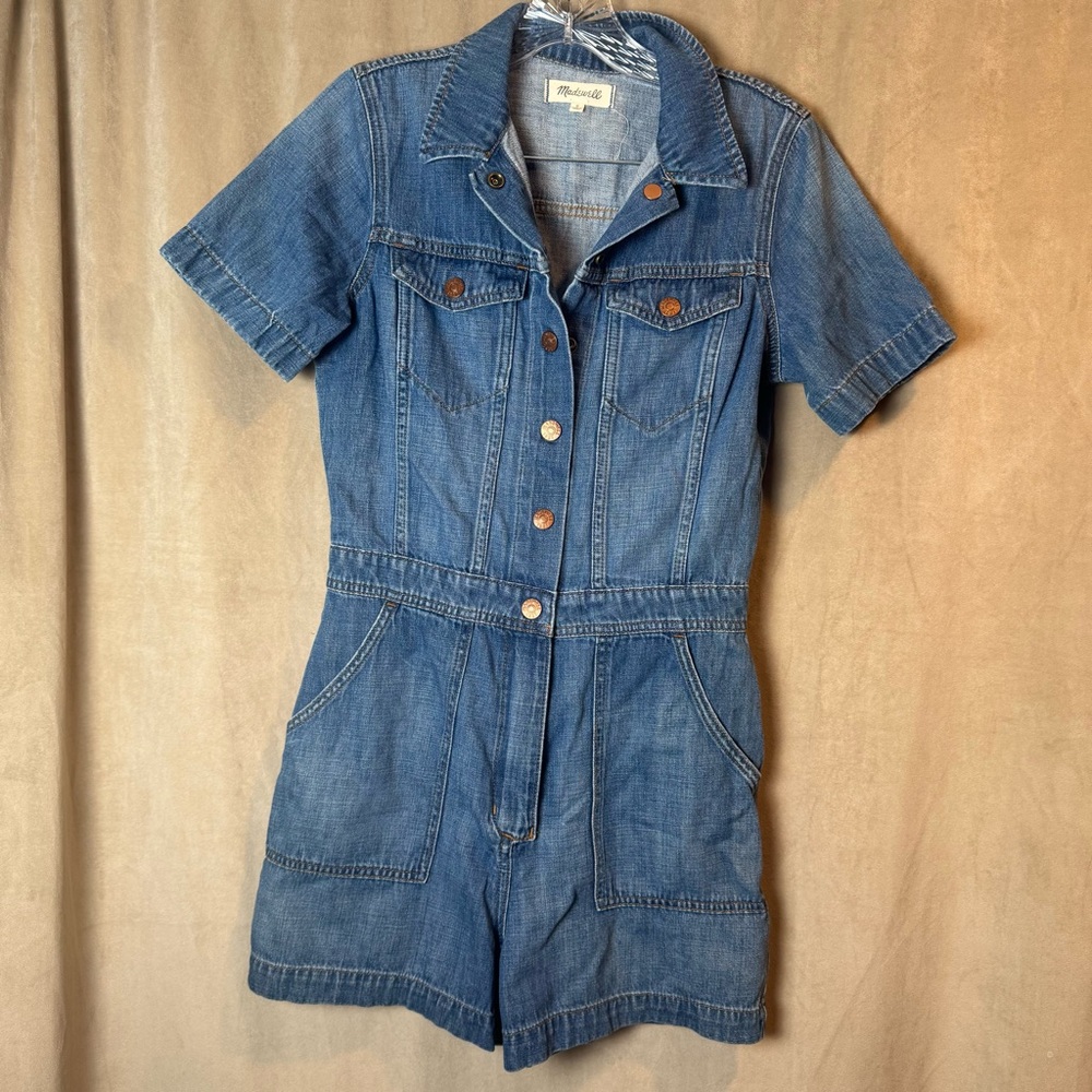 Madewell Denim Short-Sleeve Utility Romper in Blue